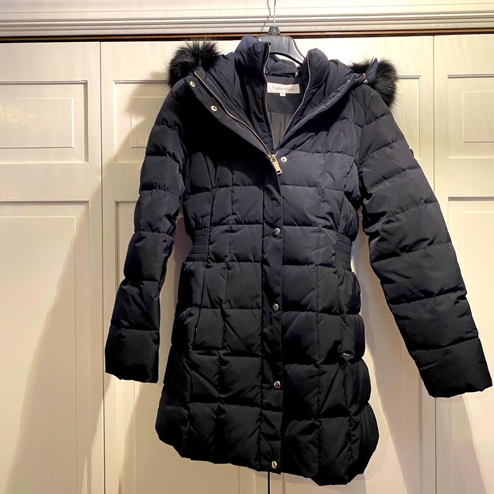 Calvin Klein long puff coat in navy